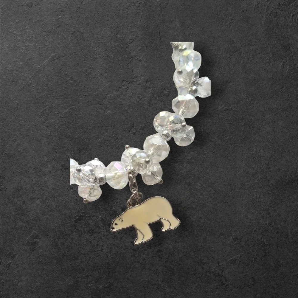 Silver White Crystal Bracelet with Bear Charm Stretch